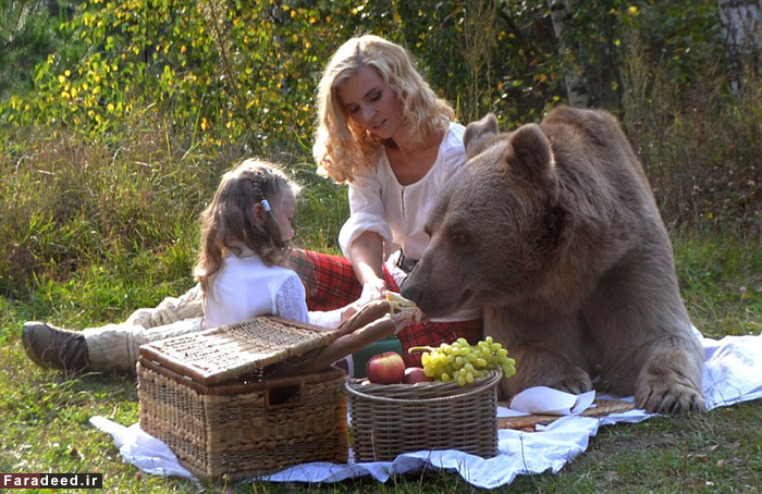 تصاویر/ پیک‌نیک‌ مادر، دختر و خرس غول‌پیکر