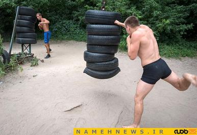 ورزش و تمرین با لاستیک های فرسوده در کی اف (اکراین)