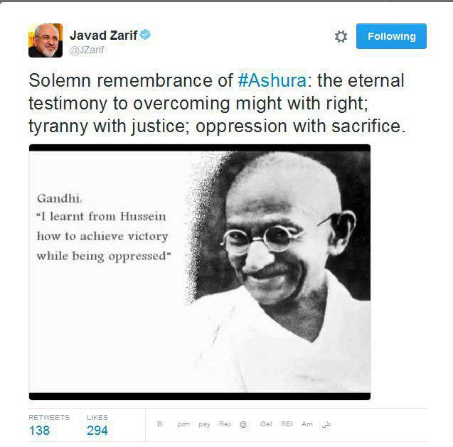 اشاره اینستاگرامی ظریف به درسی که گاندی از امام حسین‌(ع)‌گرفت/عکس