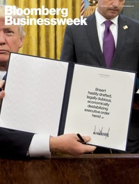 طرح جلد مجله بلومبرگ نیز ترامپ را با فرمان اجرایی مشهورش به تصویر کشیده است که البته متن فرمان اجرایی چیز دیگری است. در متن فرمان آمده است: «فرمان اجرایی عجولانه، مشکوک از نظر قانونی و از بین برنده ثبات اقتصادی را اینجا بنویسید.»