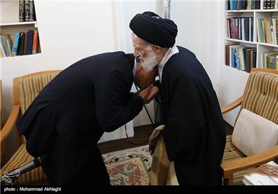 بوسه وزیر بر دستان مرجع تقلید/ عکس